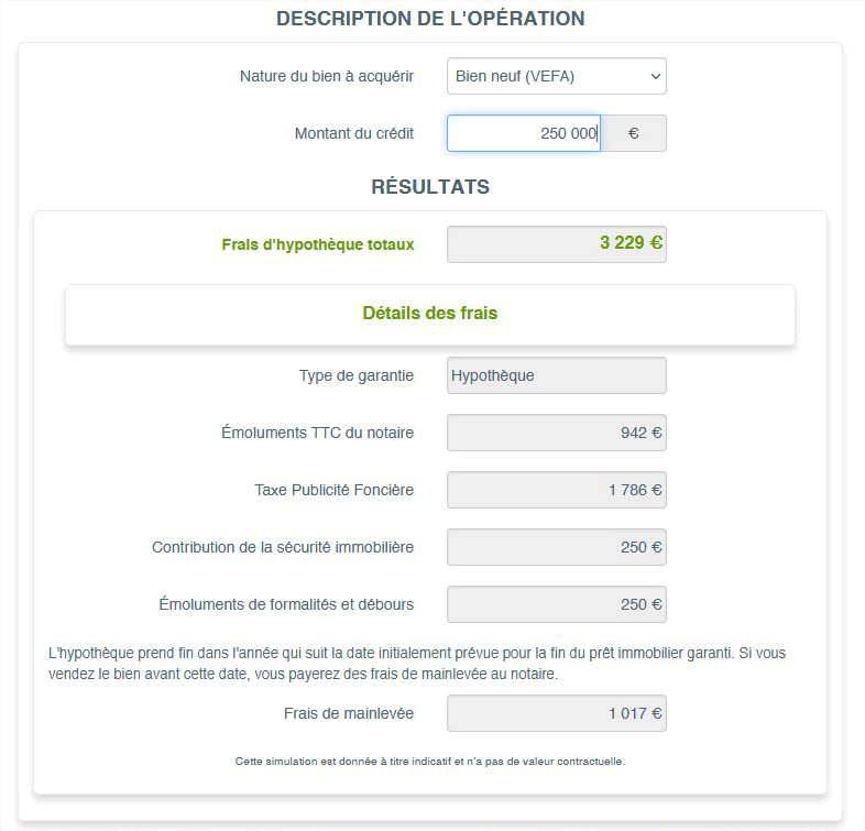 Calcul hypothèque bien neuf